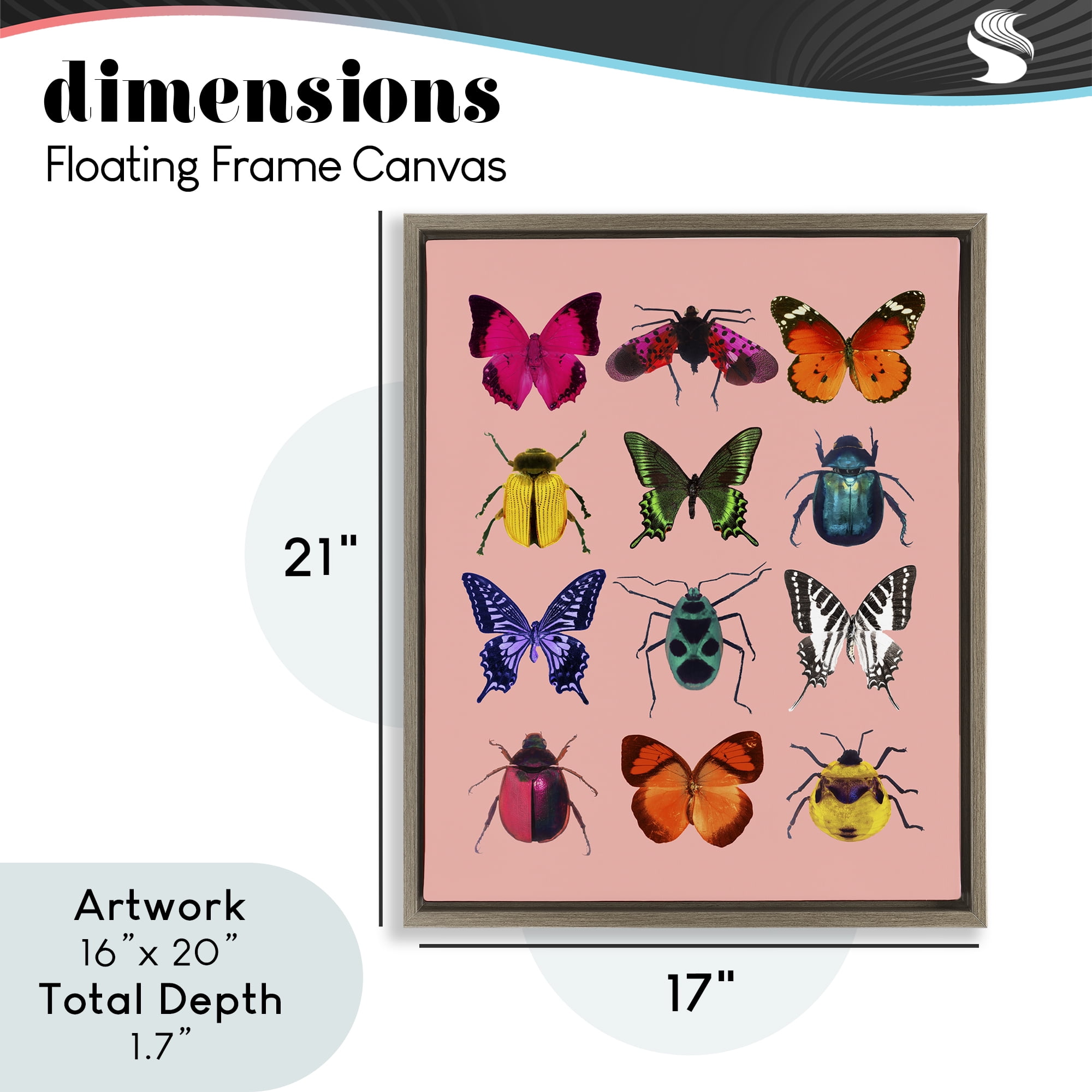 Colorful Bug Species on Pink Brown Framed Floater Canvas Wall Art, design by LISH Creative