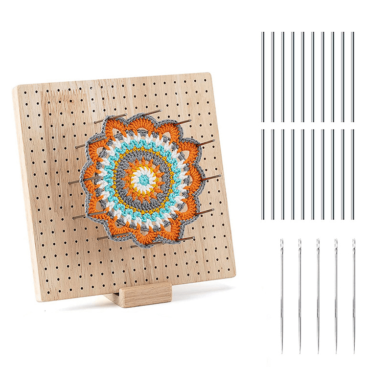 Rubber wood 9.25-inch foldable crochet hook blocking plate, wooden woven blocking plate used to block crochet hooks "(one plate+20 metal sticks+5 crochet hooks+6 rolls of yarn color random+32 pins)