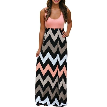 Womens Striped Long Boho Dress Lady Beach Summer Sundrss Maxi Dress Plus Size