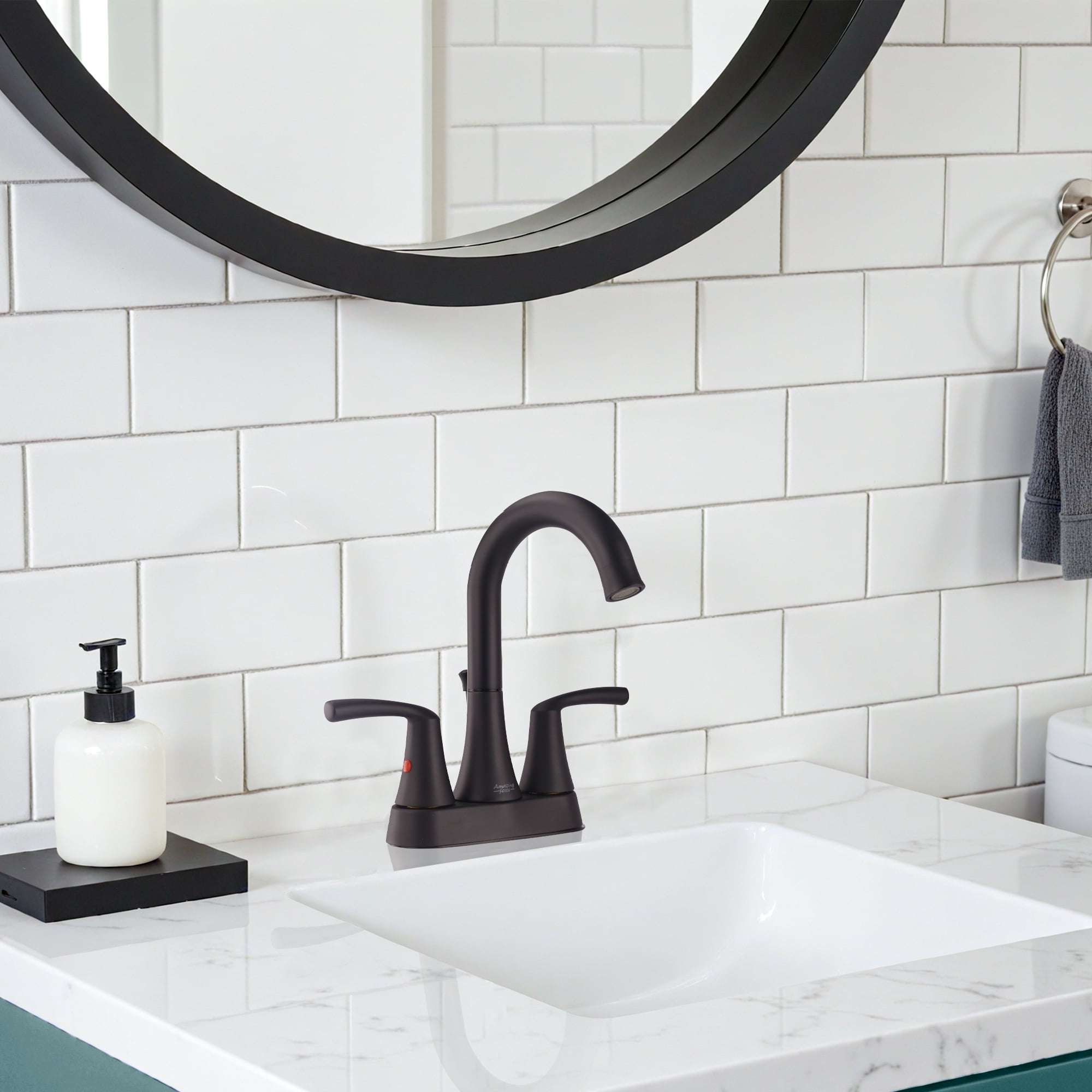 Sunrinx 4-Inch Bathroom Sink Faucet Matte Black 2 Handle Centerset High Arc Swivel Faucet