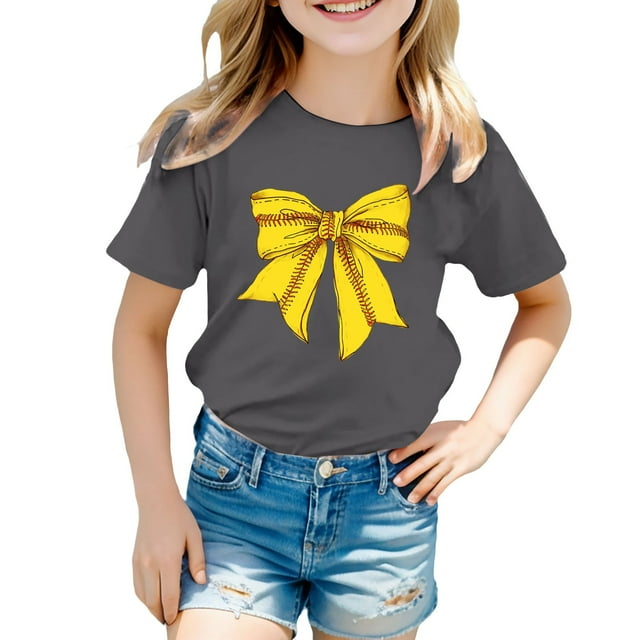 NINGMENG Hauts et T-Shirts pour Filles, Été, Imprimé Nœud Papillon, Col Rond, Manches Courtes, Ample, Décontracté, Gris, 6-7 Ans
