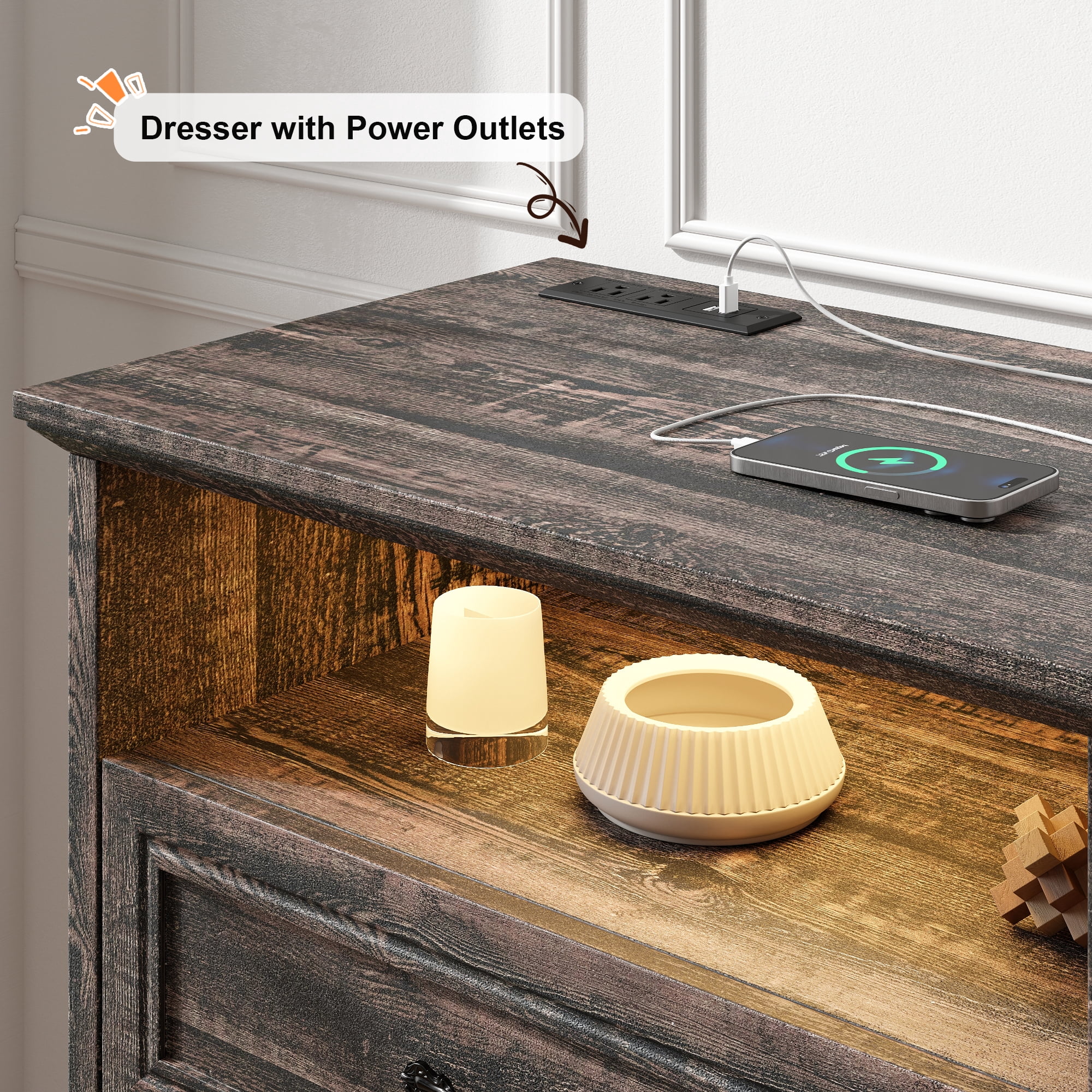 6 Drawer Dresser with LED Lights Chest of Drawers for Bedroom Farmhouse Dresser with Charging Station & Storage Shelf