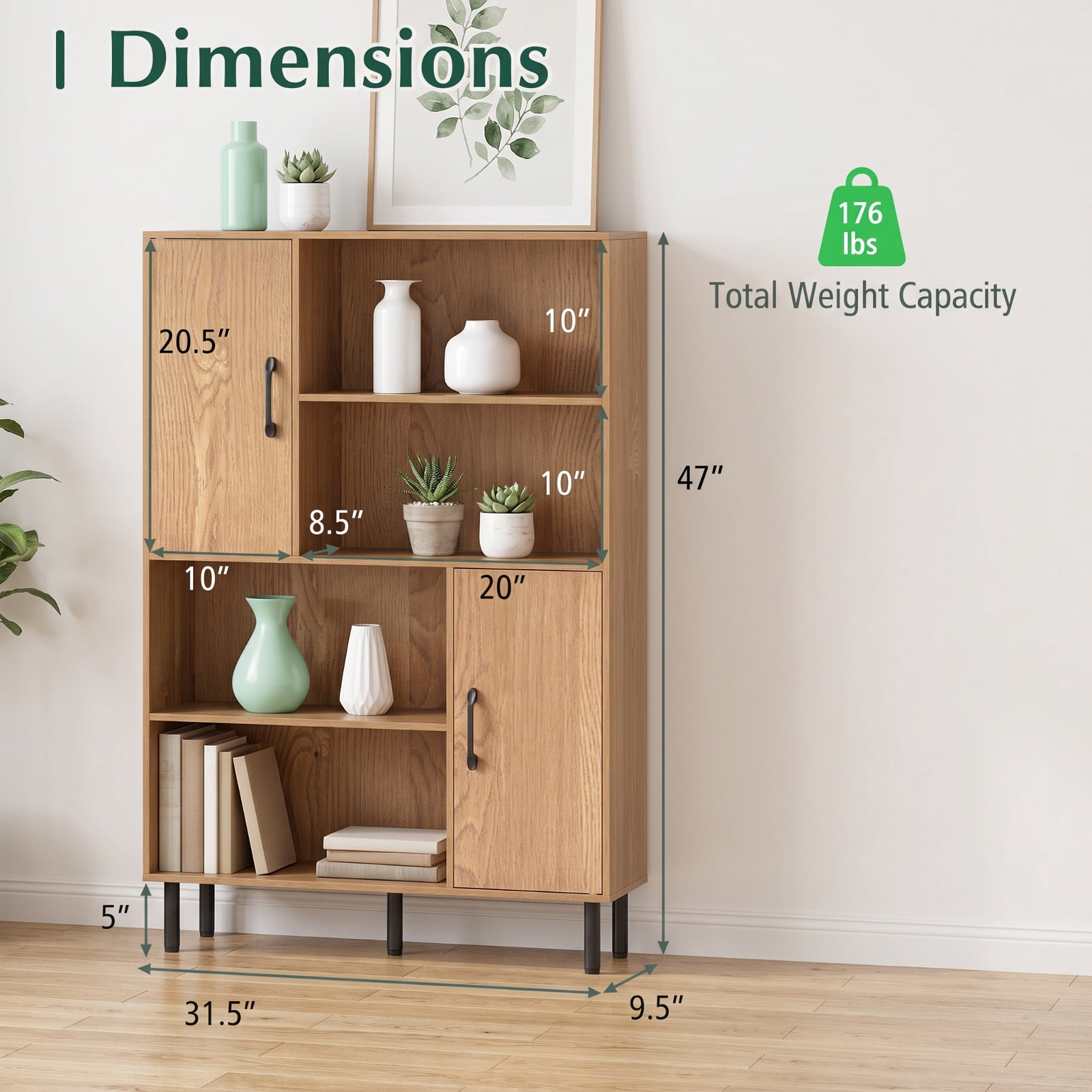 Furnibear 47 Inch Storage Cabinet Freestanding Bookcase with 2 Doors and 4 Open Shelves for Living Room Home Office Bedroom Display Storage, Natural