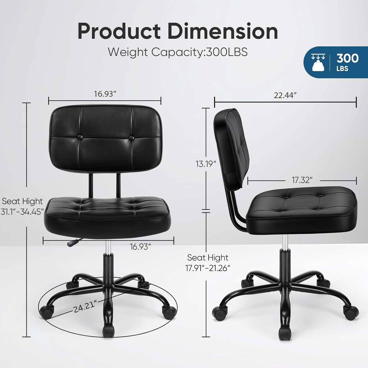 Armless Vanity Chair for Makeup Room, Small Desk Chair with Tufted PU Leather, Adjustable Height Rolling Computer Chair for Home Office & Dorm, Black