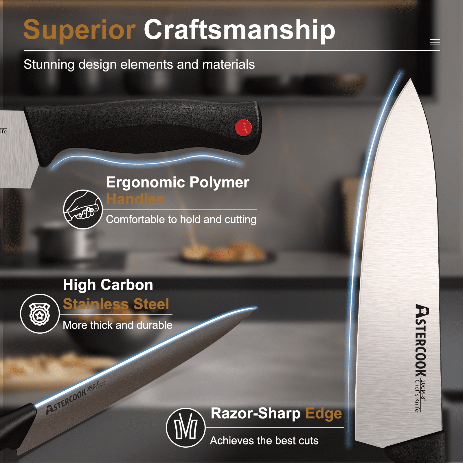 Astercook Knife set, 14Piece Kitchen Knife Set with Builtin Sharpener, High Carbon German Stainless (图4)