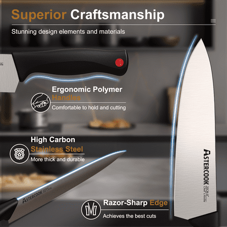 Astercook 15-Piece Kitchen Knife Set, Knives Block Set with Built-in Sharpener, Healthy Anti-Rust Coating & German Stainless Steel Knife Set, Dishwasher Safe Black