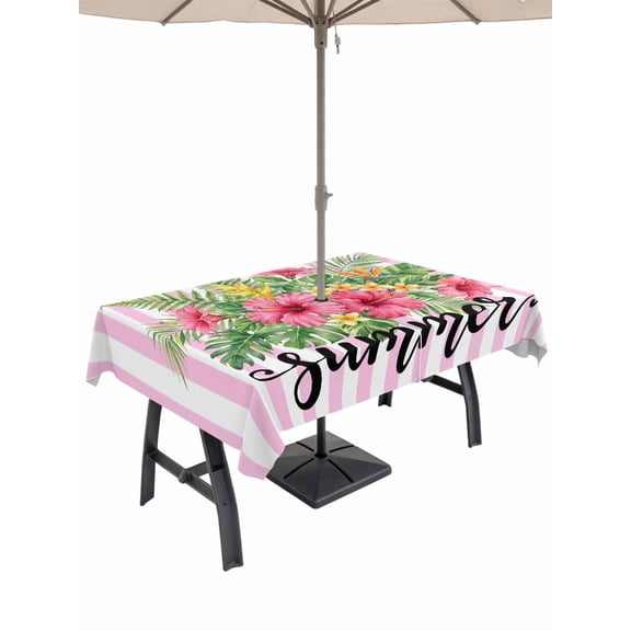 Outdoor Tablecloth with Umbrella Hole for Patio/Picnic/Party/Camping, Pink Flowers Waterproof Table Cloth Rectangle Table Cover Washable, Spring Floral Striped Farmhouse Botanical (60"x 120")