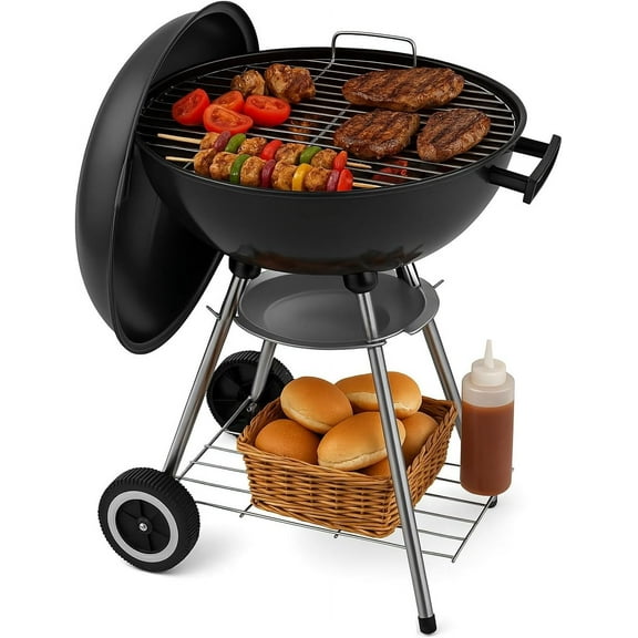 18-inch Portable Charcoal Grill - Heavy Duty Round BBQ Grill BBQ Grill Bowl, Strong BBQ Grill BBQ with 4 Legs and Wheels, Camping, Traveling, Tail and Backyard Cooking