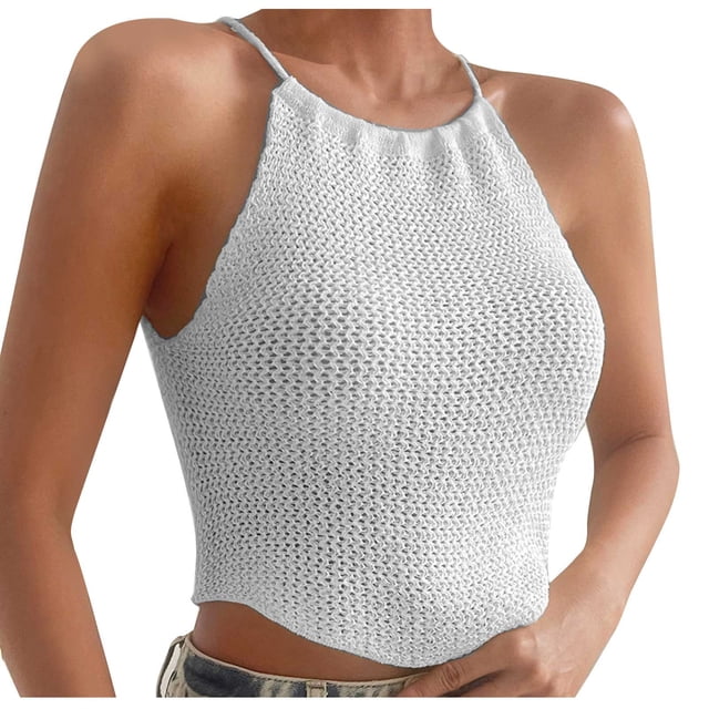 Timegard Womens Tank Tops Eyelet Halter Neck Sleeveless Keyhole Back Top Solid Color Fashion Blouses