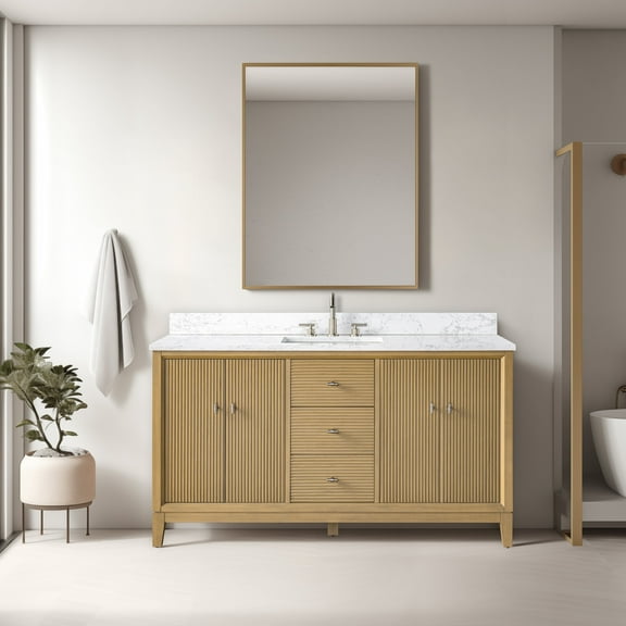Vanity Art 60" Bathroom Vanity with Sink and Engineered Marble Top, Freestanding Storage Cabinet with 2 Drawers, 2 Shelves and 1 Flip Down Tray