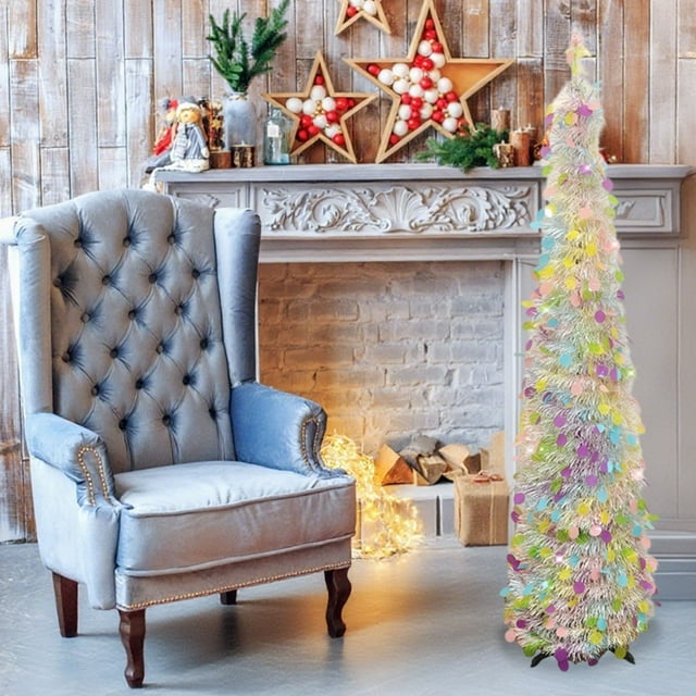 QIPOPIQ Pop Up Christmas Tree with Lights, Collapsible Pencil Tree Red Green, Skinny Christmas Tree Slim Xmas Tree, Artificial Tinsel Tree Foldable