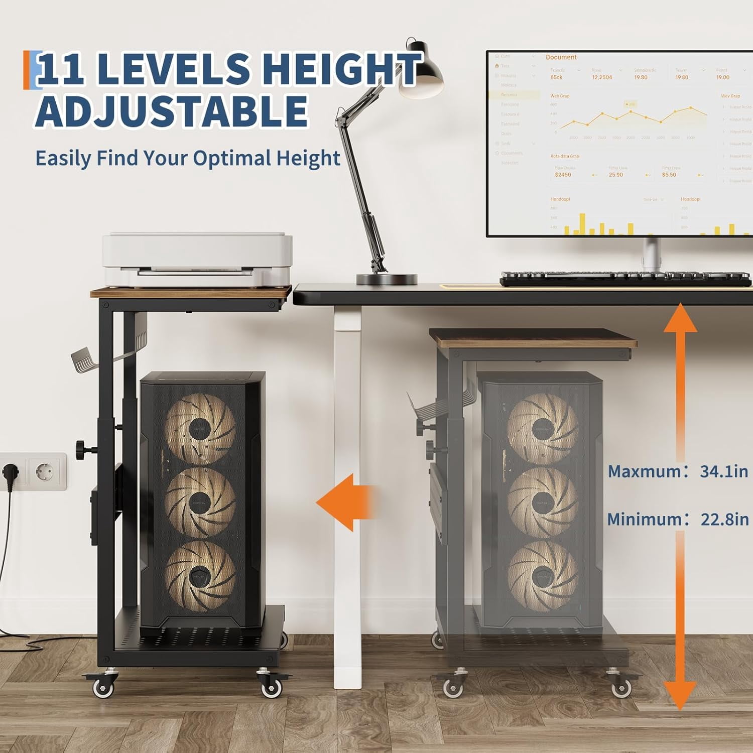 28" Computer Tower Stand, Adjustable Under Desk PC Cart, Mobile Rolling CPU Holder, Perfect for Office,Laptop Desk.