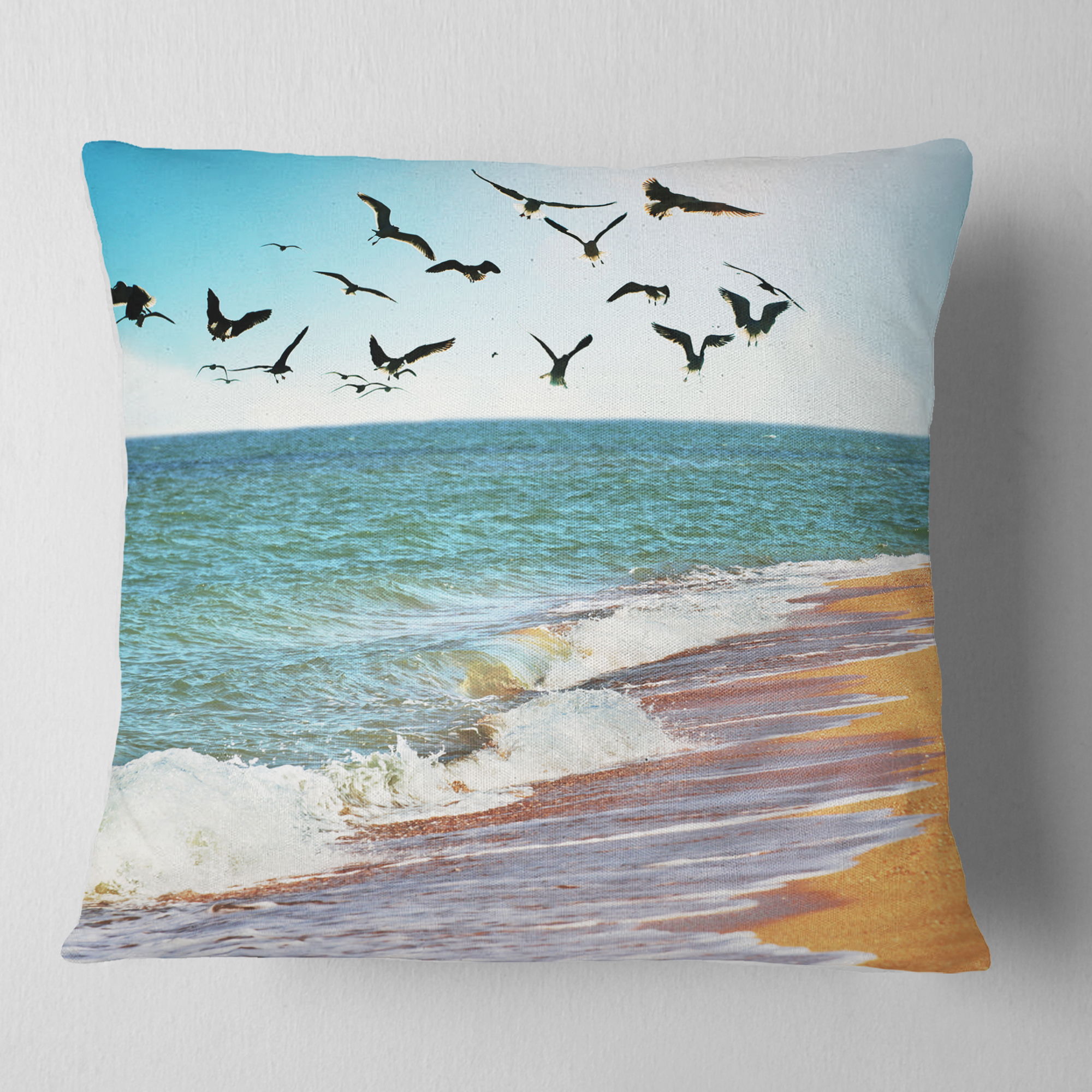 Designart Sea Gulls over the Seashore - Seashore Throw Pillow - 16x16