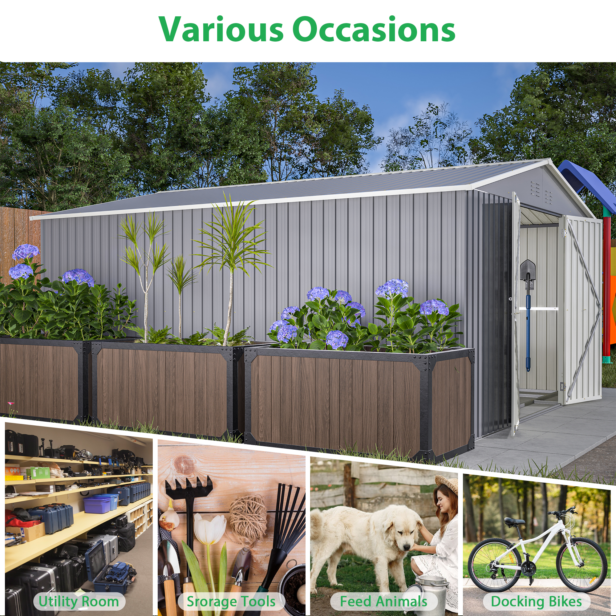 LZBEITEM 11 x 13 ft. Outdoor Storage Shed，Galvanized Steel Garden Shed，Metal ShedsGarden Tool Shed with Double Lockable Doors for Backyard Patio Lawn,Gray - image 2 of 13