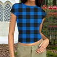 thumbnail image 2 of Women’s Plaid T-Shirt, Summer Round Neck Short Sleeve Tops, Fashion Slim Groove Strip Tees,Blue,L, 2 of 6