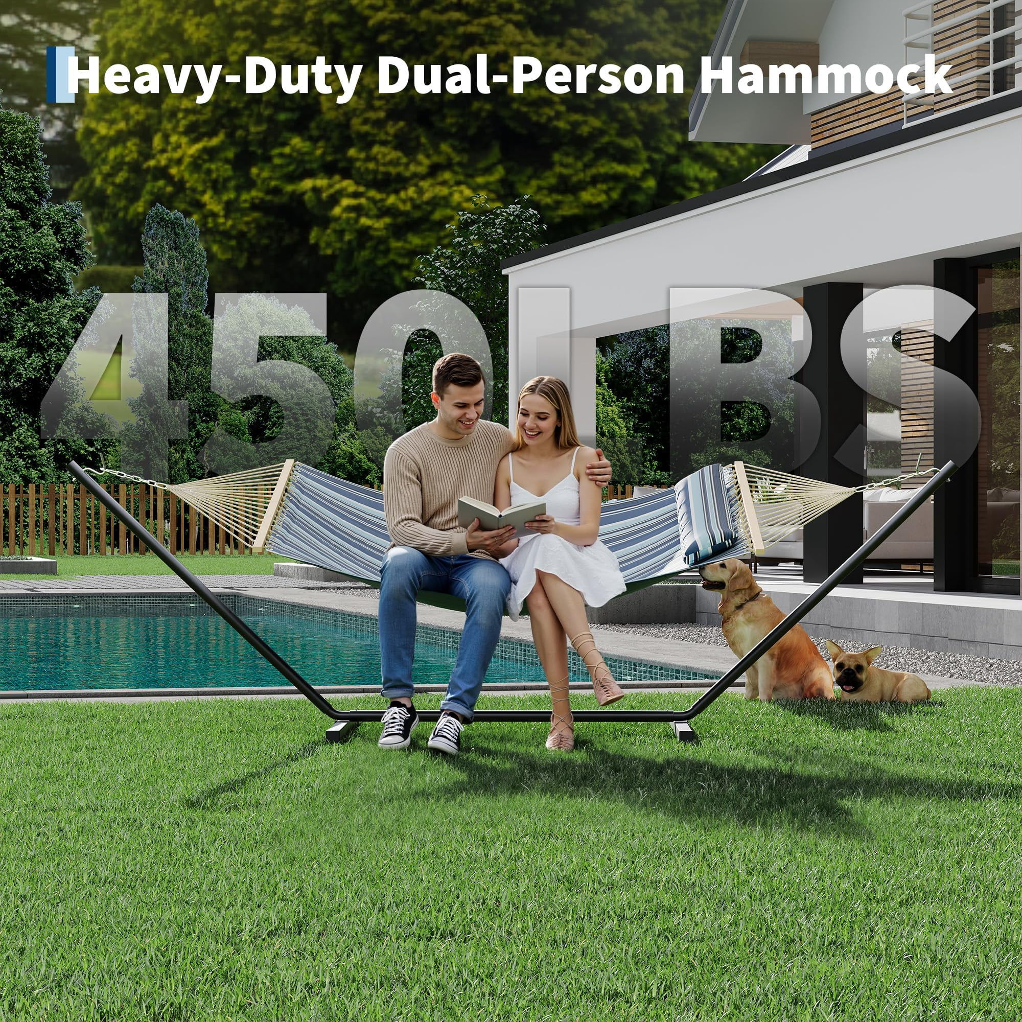 Double Hammock with Stand for Outdoor, Heavy Duty Portable 2 Person Hammock with Adjustable Steel Stand for Patio, Garden, Beach, Backyard