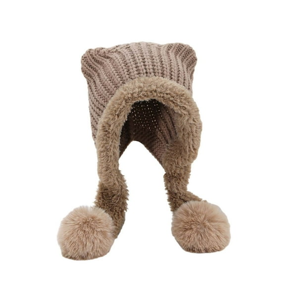 LIZENG Women's Cat Ear Knitted Hat Clearance Cozy Acrylic Fluffy Winter Beanie with Double Tail Pom-Poms Windproof Ear Protection Cute Fashionable Autumn and Winter Knit Cap Ideal for Cold Weather
