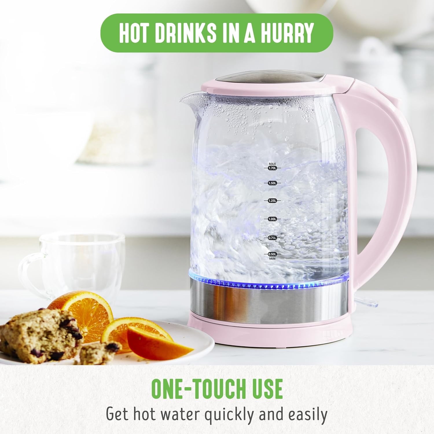 1.7 Liter Glass Electric Kettle, Easy One Touch Use, Quick Heating, Filtered Spout, LED Base, Auto Shut-Off, Cordless Serving, Coffee and Tea, Pink