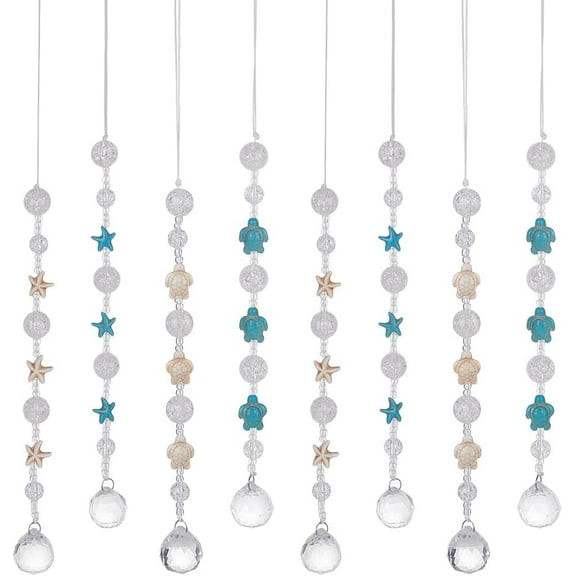 8 Pcs 4 Styles Glass Crystal Suncatcher Beach Themed Sun Catcher with Crystal Balls & Turtle/Starfish Car Charm Hanger for Window Glass Ornament 11.8inch(30cm) Long