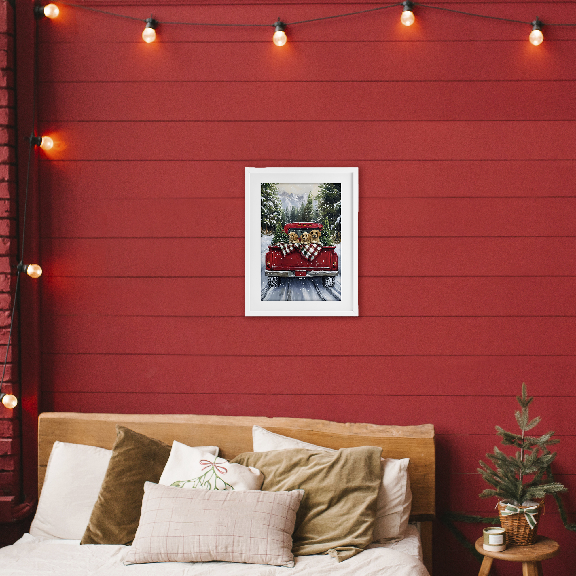 Golden Pups Christmas Truck White Framed Print Under Glass, design by Petal Prints Design