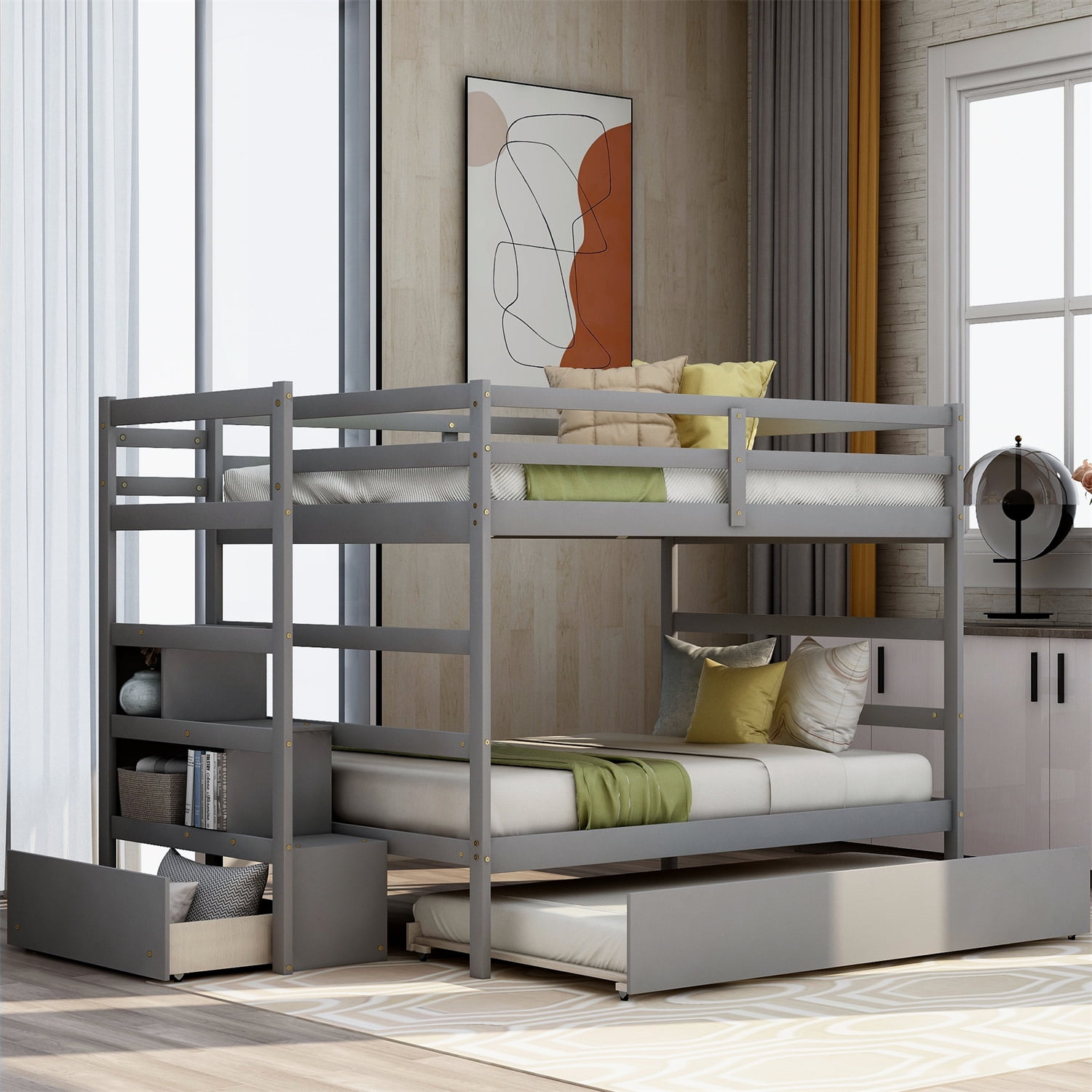 Full over Full Bunk Bed with Twin Size Trundle for 3 Person Wood