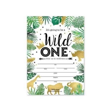 25 Jungle Gold Animals Kids Party Invitations