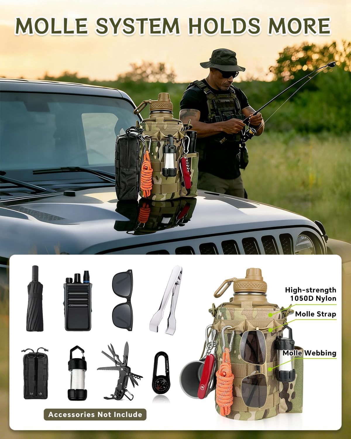 Half Gallon Water Bottle Insulated with Sleeve-64 oz Stainless Steel Water Jug with Strap Paracord Handle Metal Sport GYM Water Bottles for Men Women Hunting Hiking Travel Biking Camo CP