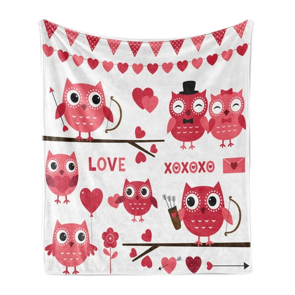 Animal Soft Flannel Fleece Throw Blanket, Owls Image with Romantic Elements Arrow Eyesight Partners in Amour Design, Cozy Plush for Indoor and Outdoor Use, 60" x 80", Red White, by Ambesonne