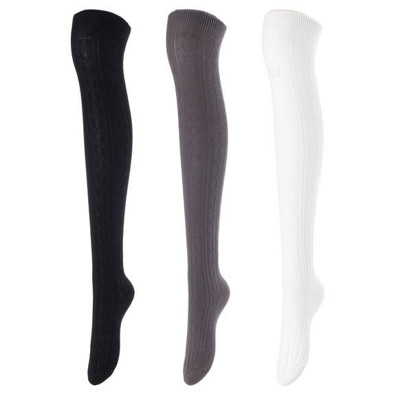 Lovely Annie Women's 3 Pairs Incredible Durable Super Soft Unique Over Knee High Thigh High Cotton Socks Size 6-9 A1024 Black,DarkGrey,Cream White