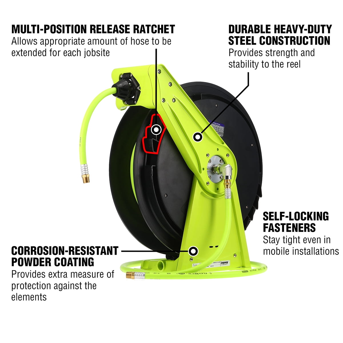 Flexzilla Pro Retractable Air Hose Reel, Open Face, Single Axle Arm, 3/8" x 50'