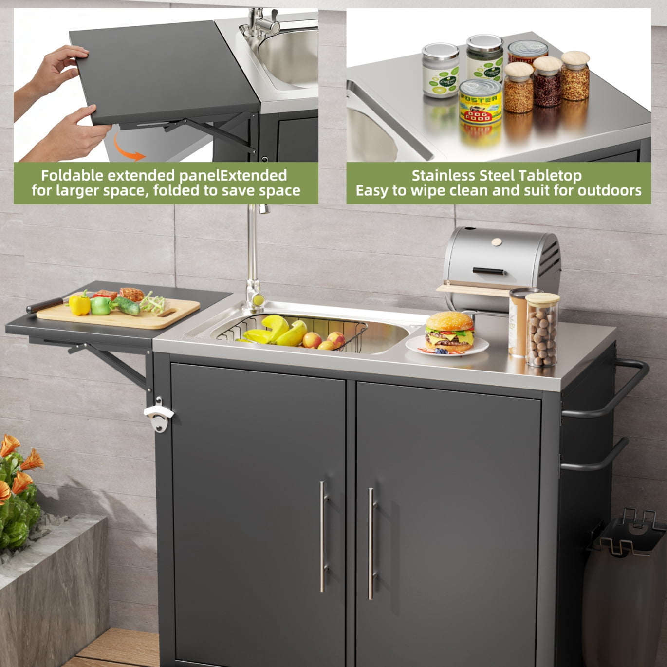 Outdoor Grill Cart with Sink, Rolling Kitchen Island Cabinet with Wheels, Metal Grill Table Kitchen Sink Station with Foldable Top and Storage Cabinet, Black