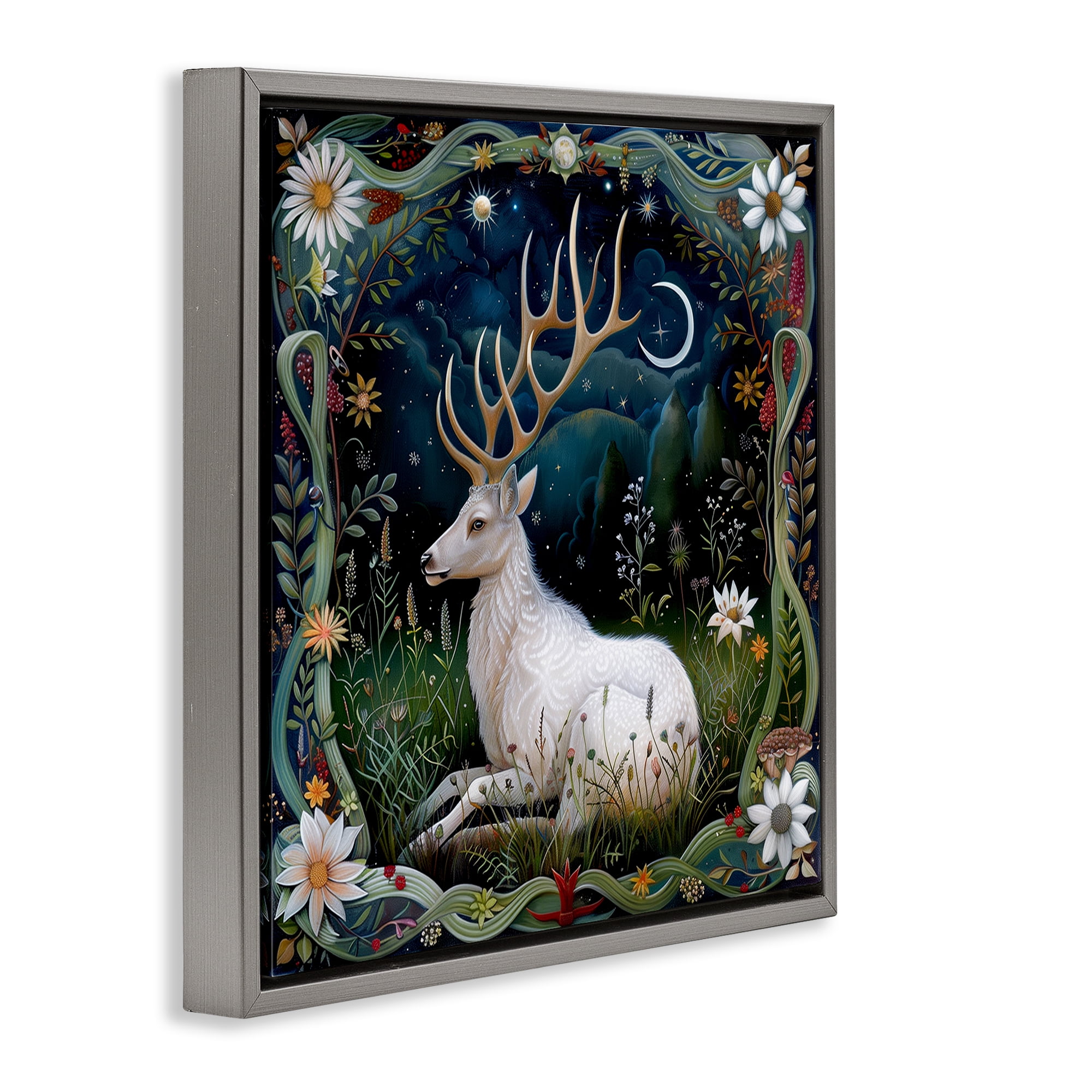 Stupell Industries White Deer Forest Scene Animals Painting Gray Floater Framed Canvas Art Print Wall Art, 25 x 25