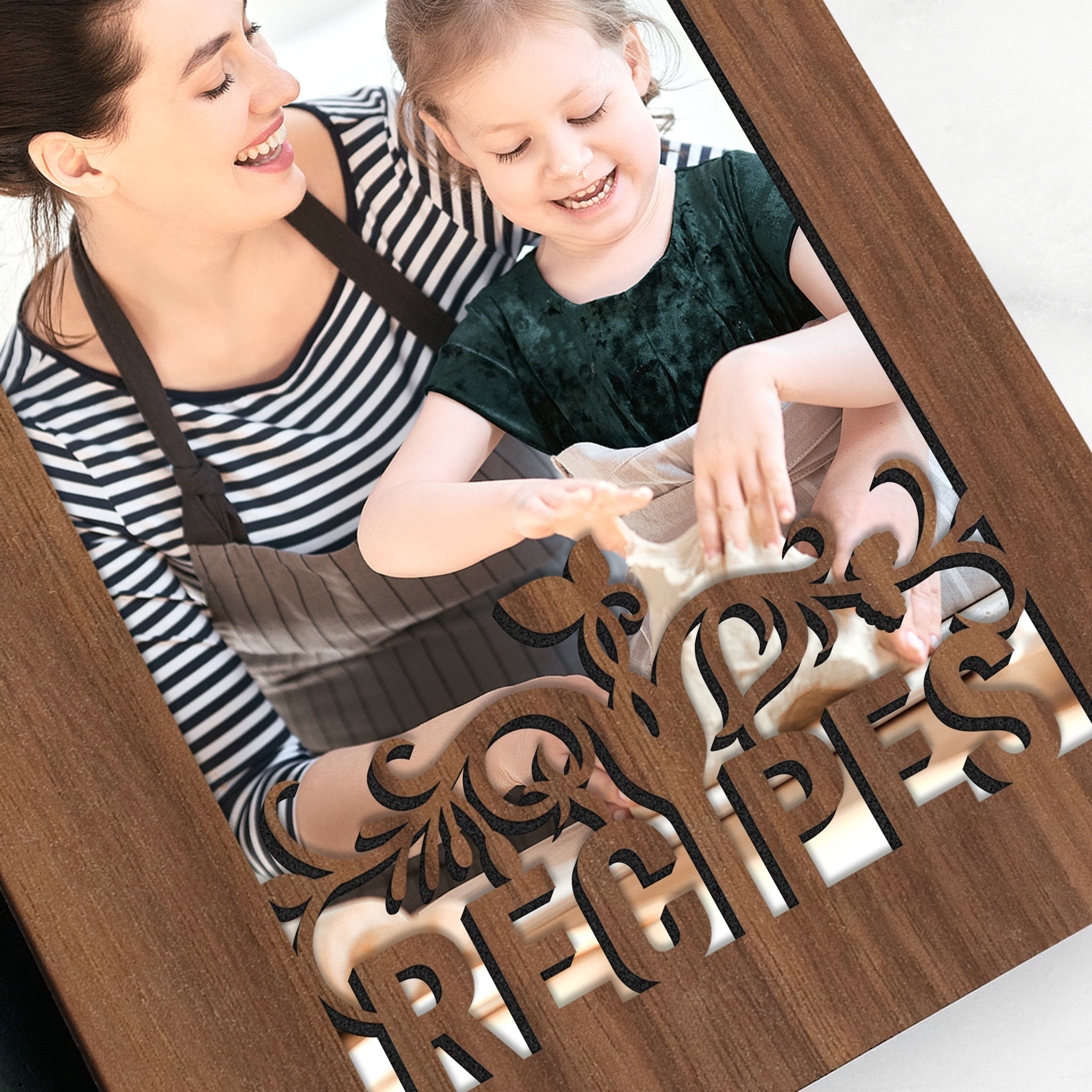 Handmade Recipe Book with Wood Cover, Photo Sleeve on Cover, Blank Recipe Cards, Banner Design, Family Recipe Book. Walnut