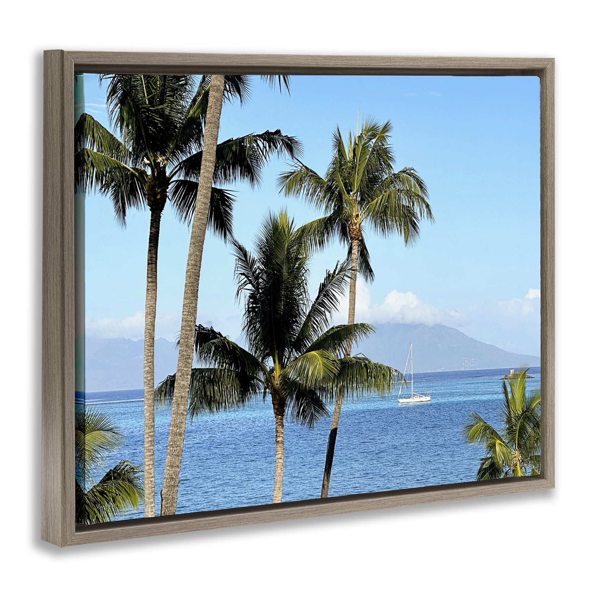 Stupell Industries Palm Trees & Sailboat Landscape Photography Brown Floater Framed Canvas Art Print Wall Art, 31 x 25