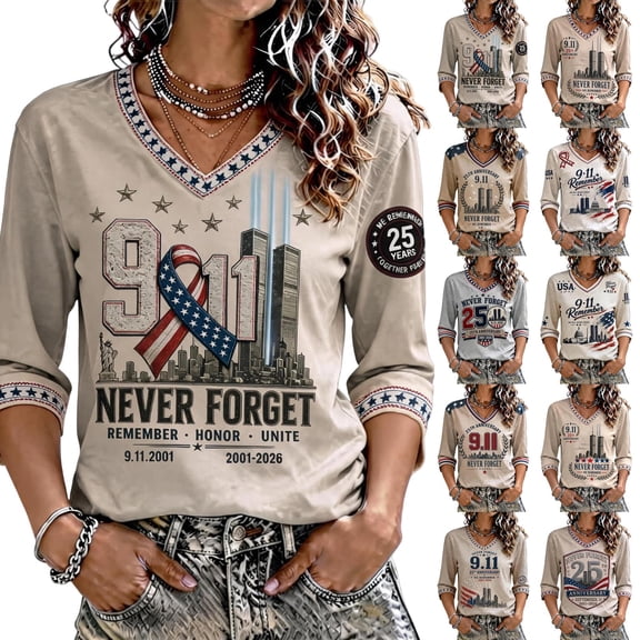 9/11 25th Anniversary Shirt Womens WE Will Never Forget Tee Shirts | Lightweight Fabric, V Neck Short Sleeve Tops, American Flag, 2001-2026 25Th Anniversary Tops, Patriotic Honor Tee Shirt Pink,2XL