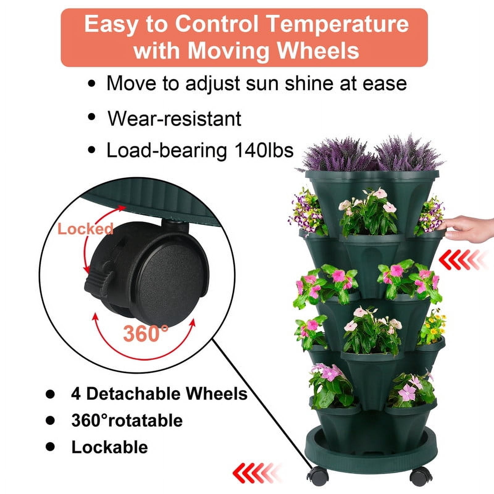 iHomeGarden Vertical Planter 5-Tier Stackable System - Indoor/Outdoor Garden Kit for Strawberries, Herbs, Vegetables (Beginner-Friendly Design), Green