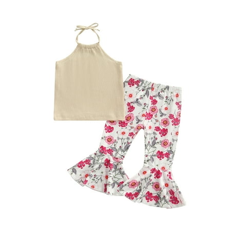 

Suanret 2Pcs Little Girls Summer Outfits Solid Color Hanging Neck Sleeveless Tops + Floral Printing Long Flare Pants Beige White 3-4 Years