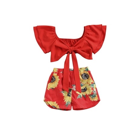 

JYYYBF 2PCS Suit for Birthday Girls Clothing Set Bowknot Cropped Tops Sunflower Print Shorts Outfits Kids Party Vacation Clothes Red 3-4Years