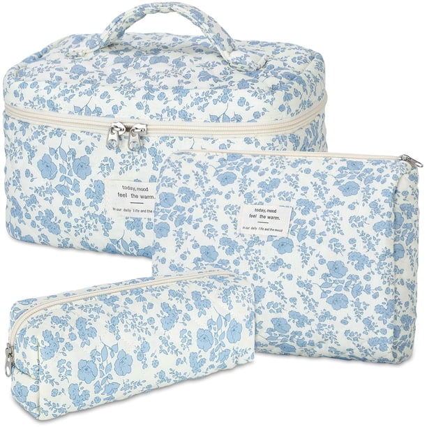 Bolsa de maquillaje Senbowe Floral, 3 unidades, algodón acolchado, para mujer