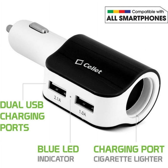 Cellet Universal High Power 15 Watt 3.1 Amp Dual Usb Car Charger - Blackwhite