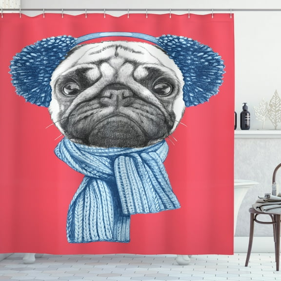 Ambesonne Pug Shower Curtain, Winter Dog with Earmuffs, 69"Wx70"L, Dark Coral Turquoise