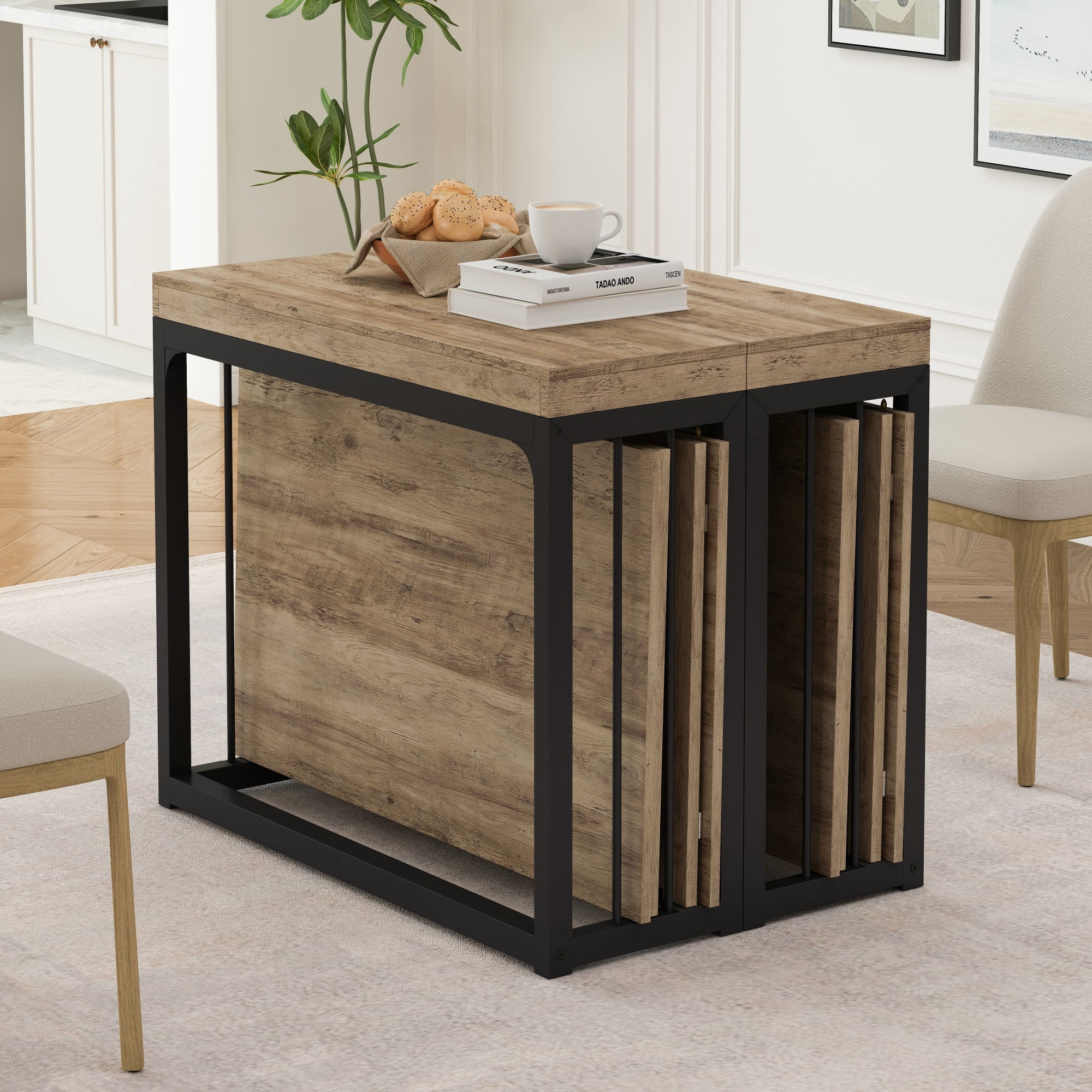 BSHTI 23.62"-118" MDF Extendable Rectangular Dining Table with Metal Base, Wood Grain Top for Kitchen/Dining Room（Ancient Oak）