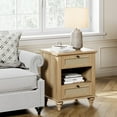 thumbnail image 3 of Accent Bedside Table with Charging Station, Light Oak Nightstand with Rattan Drawer & Shelf, 3 of 7