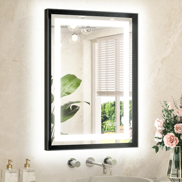 TETOTE 20 x 28 Bathroom Mirror with Lights with Brushed Black Metal Frame Frontlit & Backlit Anti-Fog Stepless Dimmable 3 Colors White/Warm/Natural Wall-Mounted