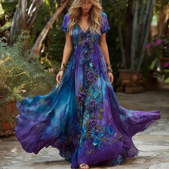 Maxi Dress for Wome,Short Sleeve Flowy Summer Dresses Elegant Long Boho Dress Casual Sundresses