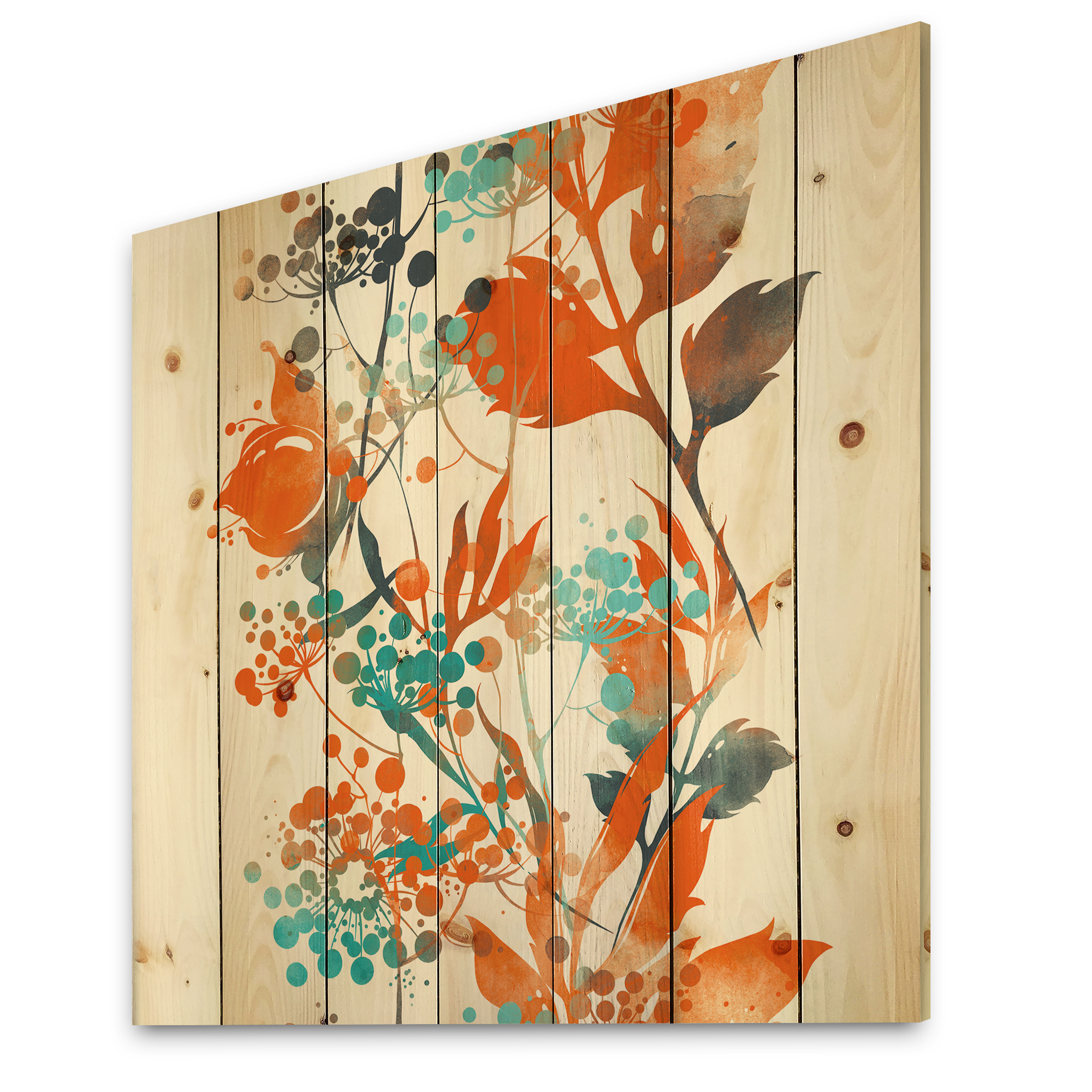 Designart 'Orange and Green Wildflowers III' Modern Print on Natural Pine Wood