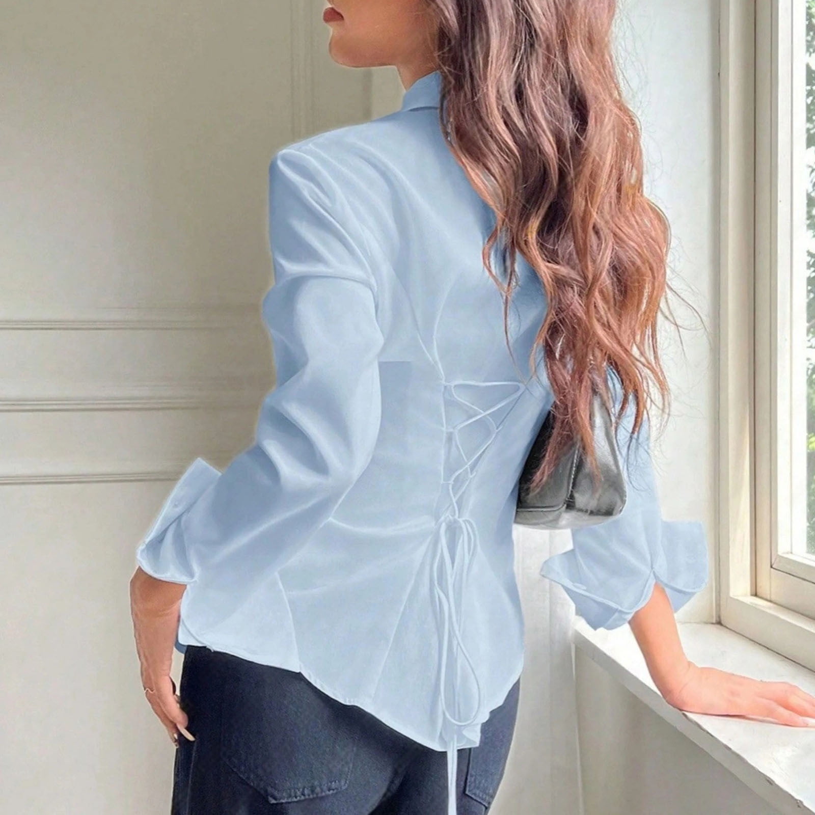 Long Sleeve Shirts for Women, Women's Long Bell Sleeve Button Down Shirt Lace Up Back Princess Line Lapel Top