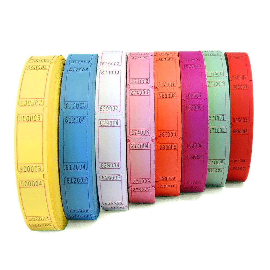 8 Pack Blank Roll Tickets - 2000 Blank Tickets per roll, (16,000) Raffle, Carnival, Auction, Fundraiser, Bingo or Drink Tickets, Assorted Colors