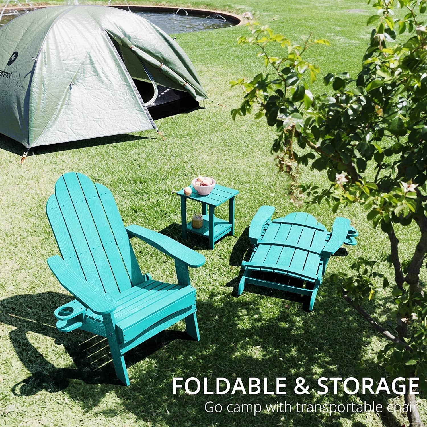 Dycanpo Folding Adirondack Chair Set of 2,Fire Pit Patio Garden Chair with Cup Holder, Aruba Blue