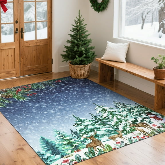 HOMERRY Xmas Rug Christmas Home Decor Tree Deer Print Area Rug Washable Non-slip 5' x 7' Modern Throw Rug for Living Room Indoor Blue Carpet